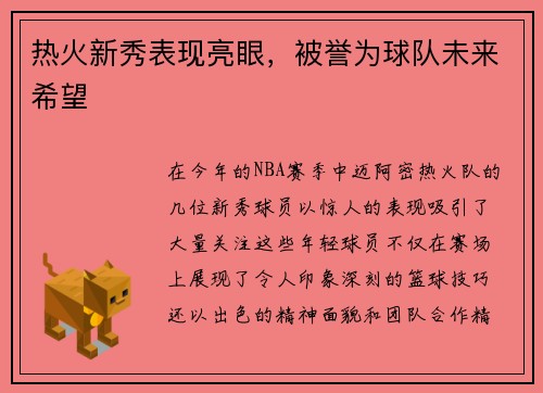 热火新秀表现亮眼，被誉为球队未来希望