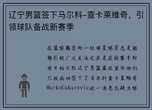 辽宁男篮签下马尔科-查卡莱维奇，引领球队备战新赛季