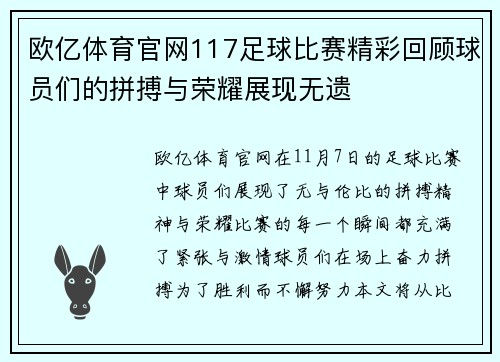 欧亿体育官网117足球比赛精彩回顾球员们的拼搏与荣耀展现无遗