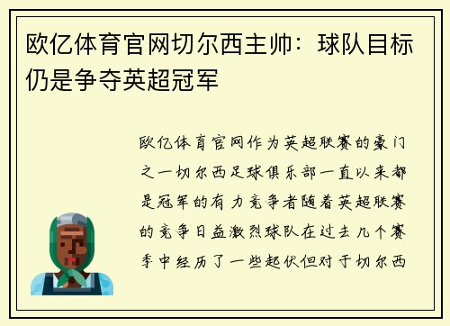 欧亿体育官网切尔西主帅：球队目标仍是争夺英超冠军