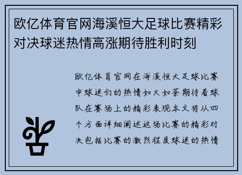欧亿体育官网海溪恒大足球比赛精彩对决球迷热情高涨期待胜利时刻